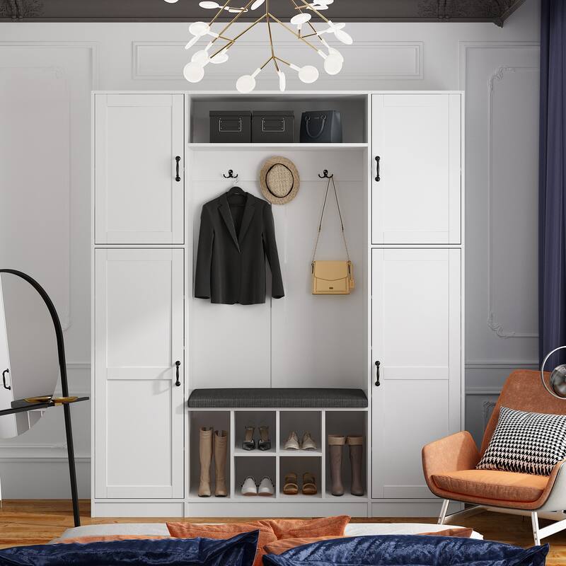 65.4"W Closet Hall Tree Entryway Coat Rack Shoe Storage Bench